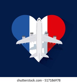 france flag in heart shape and airplane icon over blue background. colorful design. vector illustration