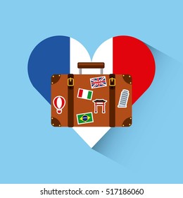 france flag in heart shape with travel suitcase icon over blue background. colorful design. vector illustration