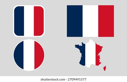 France Flag Icon Set in Square, Round, and Map Shapes. Clean Modern Collection. Perfect for use in apps, websites, presentations, infographics, educational materials, travel content.	