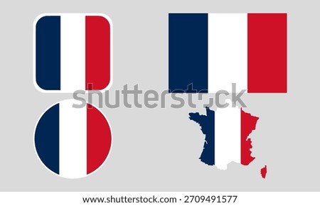France Flag Icon Set in Square, Round, and Map Shapes. Clean Modern Collection. Perfect for use in apps, websites, presentations, infographics, educational materials, travel content.	