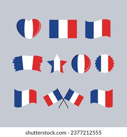Icono de la bandera francesa conjunto vector aislado en un fondo gris. Elemento de diseño gráfico Bandera francesa. Colección de símbolos Bandera de Francia. Juego de iconos de bandera de Francia en estilo plano
