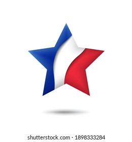 France flag icon in the shape of star. Waving in the wind. Abstract waving france flag. French tricolor. Paper cut style. Vector symbol, icon, button