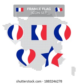 France flag icons set in the shape of square, heart, circle, stars and pointer, map marker. Mosaic map of france. Waving in the wind. French tricolor. Vector flat symbol, icon, button