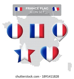 France flag icons set in the shape of square, heart, circle, stars and pointer, map marker. Mosaic map of france. French tricolor. Vector symbol, icon, button