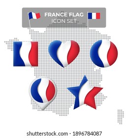 France flag icons set in the shape of square, heart, circle, stars and pointer, map marker. Mosaic map of france. Waving in the wind. French tricolor. Paper cut. Vector symbol, icon, button