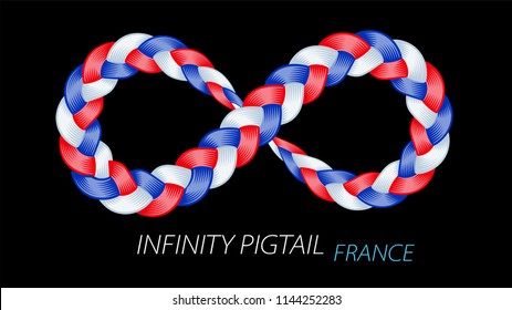 France flag as infinity twisted pigtail sign. Color flow from colorful weaving hairstyle isolated. Loop patriotic stripes. Vector illustration for print or web design.