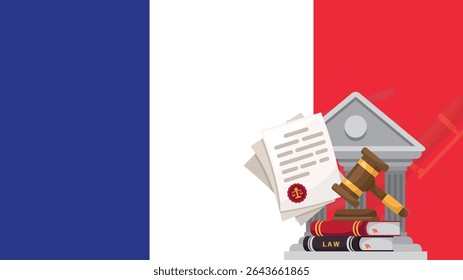 Bandeira da França com conceito de juiz martelo, corrupção ou injustiça, indignação pública na França, ideia de decisão internacional, lei ou resultado legal, julgamento do tribunal civil, faixa de notícias