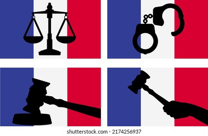 France flag with justice vector silhouette, judge gavel hammer and scales of justice and handcuff silhouette on country flag, France law concept, design asset, freedom idea