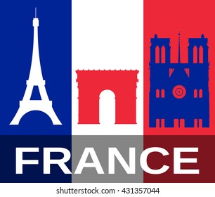 France, flag and landmarks: Eiffel tower, Arche de Triomphe, Notre Dame.