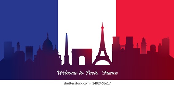 France Flag with Landmarks Skyline Background, Famous Place and Tourist Attraction