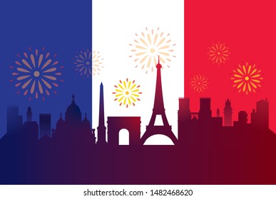 France Flag with Landmarks Skyline Celebration Background, Famous Place and Tourist Attraction