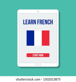 france flag with learn french title and button start now on digital tablet display, flat vector illustration