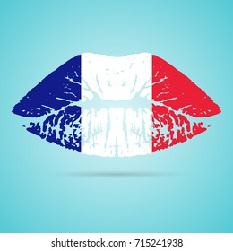 France Flag Lipstick On The Lips Isolated On A White Background. Vector Illustration. Kiss Mark In Official Colors And Proportions. Independence Day