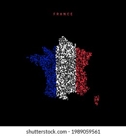 Mapa de bandera de Francia, patrón de partículas caóticas en los colores de la bandera francesa. Ilustración vectorial aislada en el fondo negro.