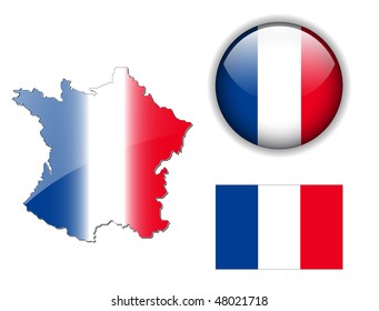 Bandera de Francia, mapa y botón brillante, conjunto de ilustraciones vectoriales.