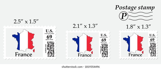 France flag map on postage stamp different size.
