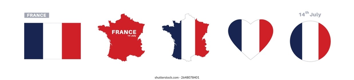 france flag and map set. france flag in official colors and proportions. independence day 14 july , map, circle and heart shaped france	