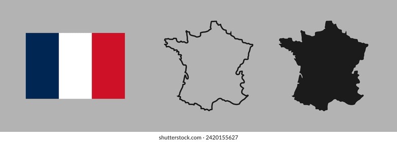 France flag and map silhouette linear and black illustration. Vector