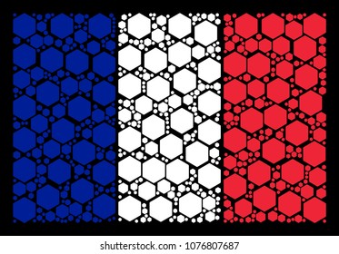 France Flag mosaic combined of filled hexagon pictograms. Vector filled hexagon pictograms are organized into conceptual France flag composition on a black background.
