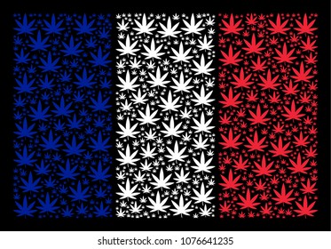 France Flag mosaic composed of cannabis design elements. Vector cannabis objects are united into mosaic French flag composition on a black background.