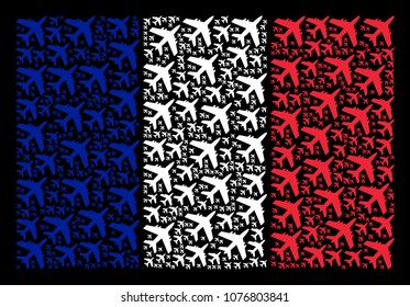 France Flag mosaic designed of jet plane pictograms. Vector jet plane objects are organized into conceptual French flag collage on a black background.