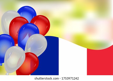 
France flag, national colors balloons and blurred background. French National holiday. Independence Day. Bastille Day. Greeting card, banner with copy space. Celebration poster template. Stock vector