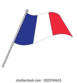 France flag. The national flag of France on a pole. The waving flag. The sign and symbol of the country. Realistic vector on white.