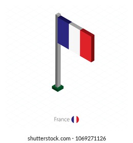 France Flag on Flagpole in Isometric dimension. Isometric blue background. Vector illustration.