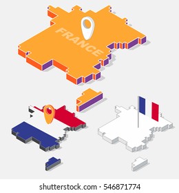 France flag on map element and 3D isometric shape isolated on background, vector illustration