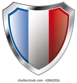 france flag on metal shiny shield vector illustration. Collection of flags on shield against white background. Abstract isolated object.