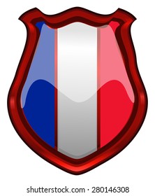 France Flag on a Red Framed Glossy Shield, Vector Illustration isolated on White Background. 