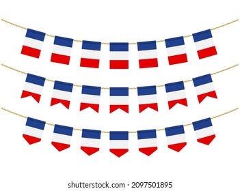 France flag on the ropes on white background. Set of Patriotic bunting flags. Bunting decoration of France flag