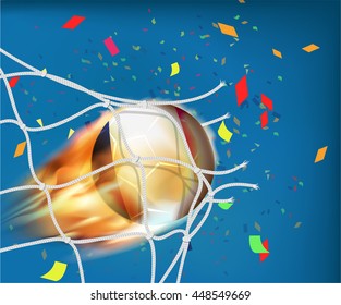 France flag on soccer ball goes through the net of goal and confetti in vector illustration, design for score in football with powerful shooting as a fire