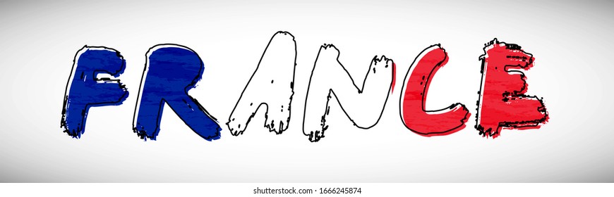France flag on text typography. Country name banner strip. Creative typography background.