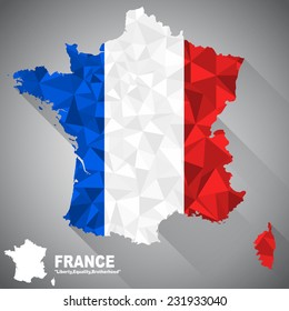 France flag overlay on France map with polygonal and long tail shadow style (EPS10 art vector)