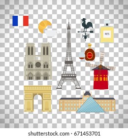 France flag and Paris landmarks flat icons set isolated on transparent background, vector illustration
