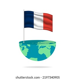 France flag pole on globe. Flag waving around the world. Easy editing and vector in groups. National flag vector illustration on white background.