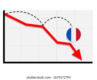Bandera francesa con un gráfico de flecha roja que muestra la recesión económica y la caída de las acciones. Crisis, concepto de economía de Francia. Para temas como economía global, economía francesa, banca, finanzas