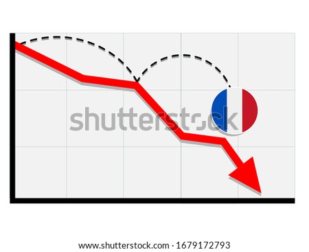 France flag with red arrow graph going down showing economy recession and shares fall. Crisis, France economy concept. For topics like global economy, Francee conomy, banking, finance [[stock_photo]] © 