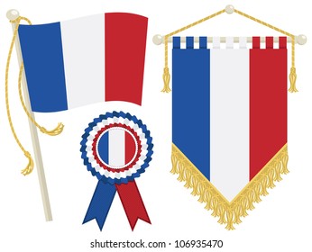 france flag, rosette and pennant, isolated on white