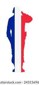 France flag saluting army soldier vector silhouette illustration isolated on white background.  Memorial veterans day, Independence day. Europe country military member on duty. France soldier emblem.