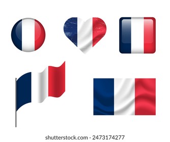 Frankreich Flagge Satz von Symbolen. Vektorgrafik-Flagge Frankreichs, Symbol. Set von französischen Fahnen - Button, gewunken, Herz.