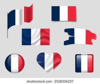 France flag set of icons. Vector flag of France, symbol. Set of french flags brush, button, waved, heart.