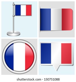 France flag - set of various sticker, button, label and flagstaff