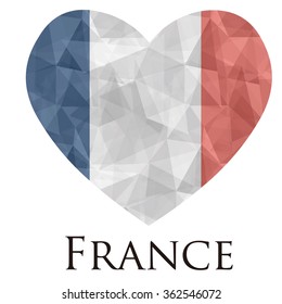 France flag shape heart in geometric rumpled triangular low poly origami style graphic illustration,mosaic polygonal style.Symbol of love to country.Retro or vintage style background.