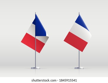 France flag state symbol isolated on background national banner. Greeting card National Independence Day of the French Republic. Illustration banner with realistic state flag of Fifth Republic France.