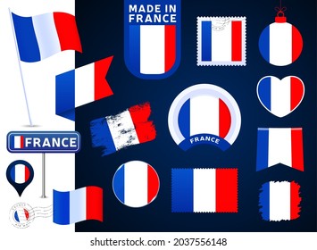 france flag vector collection. big set of national flag design elements in different shapes for public and national holidays in flat style. Post mark, made in, love, circle, road sign, wave