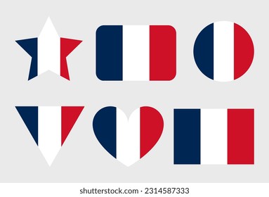 France flag vector icons set in the shape of heart, star, circle and map. French flag illustration in different geometrical shapes.
