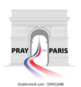 France flag is wave ladcheag of Place Charles de Gaulle, and have blck color words pray for paris at gatepost.