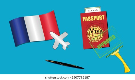 France flag with white plane icon. Passport with visa approved stamp. Black stylish Pen. Francia Travel poster. Editable vector EPS available